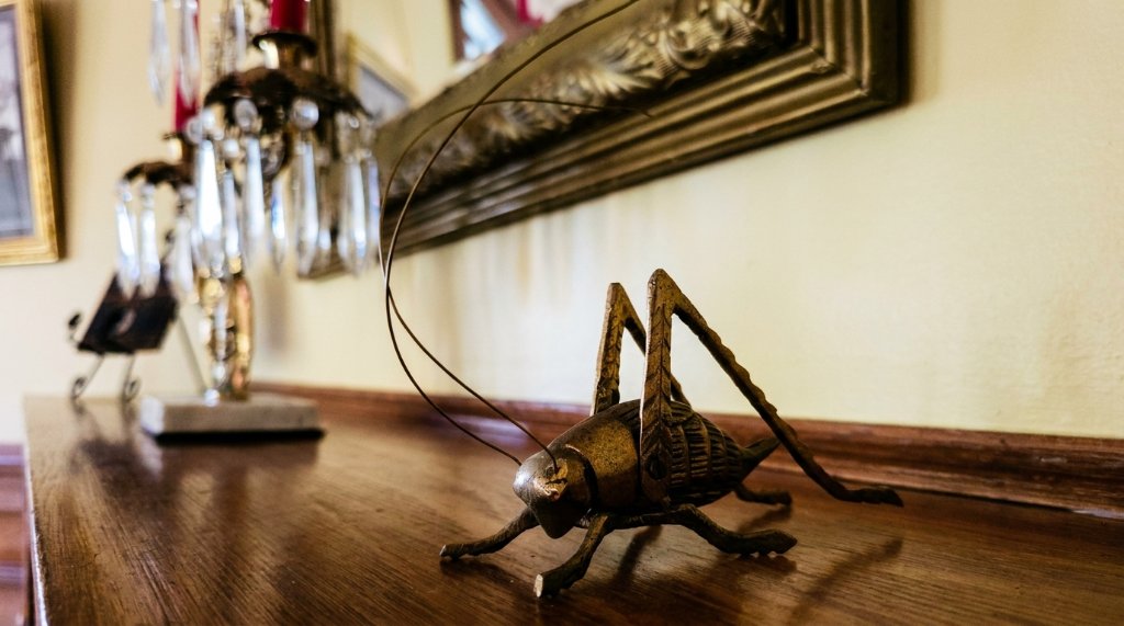 Antique brass cricket figurine displayed on a mantel